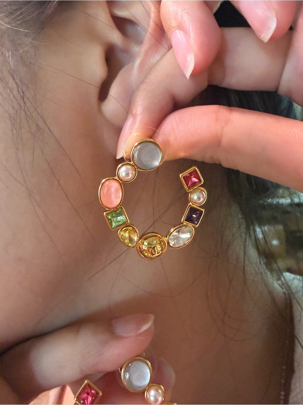 Gold Multicolor Gem Hoop Earrings with Pearl Accents
